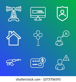 Premium outline set of icons containing broadcasting, audio, security, safety, gun, electric, technology, computer, card. Simple, modern flat vector illustration for mobile app, website or desktop app