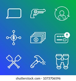 Premium outline set of icons containing business, army, report, firearm, man, water, cash, optical, construction, war. Simple, modern flat vector illustration for mobile app, website or desktop app