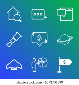 Premium outline set of icons containing real, finance, internet, communication, galaxy, science, universe, technology. Simple, modern flat vector illustration for mobile app, website or desktop app