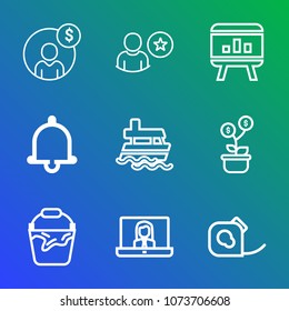 Premium outline set of icons containing application, handle, insulating, internet, investment, account, ship, bell, tape. Simple, modern flat vector illustration for mobile app, website or desktop app
