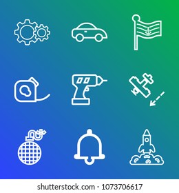 Premium outline set of icons containing business, graphic, action, space, bomb, danger, alert, shuttle, bell, cab, fire. Simple, modern flat vector illustration for mobile app, website or desktop app