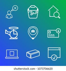 Premium outline set of icons containing building, construction, clean, pail, aviation, chopper, handle, bag, man, sky. Simple, modern flat vector illustration for mobile app, website or desktop app