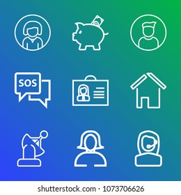 Premium outline set of icons containing finance, internet, sos, satellite, woman, communication, sign, person, lady, pig. Simple, modern flat vector illustration for mobile app, website or desktop app