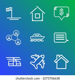 Premium outline set of icons containing building, view, communication, boat, white, modern, travel, transportation, home. Simple, modern flat vector illustration for mobile app, website or desktop app