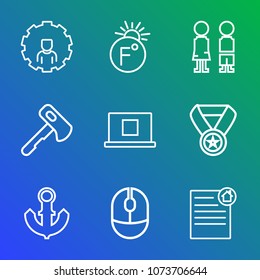 Premium outline set of icons containing document, anchor, house, reward, prize, technology, standing, people, axe, ship. Simple, modern flat vector illustration for mobile app, website or desktop app