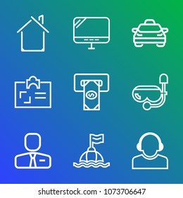 Premium outline set of icons containing cash, snorkel, service, modern, safety, life, taxi, monitor, home, construction. Simple, modern flat vector illustration for mobile app, website or desktop app