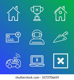 Premium outline set of icons containing building, home, astronaut, estate, real, screen, finance, satellite, bank, car. Simple, modern flat vector illustration for mobile app, website or desktop app