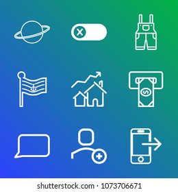 Premium outline set of icons containing wear, speech, electric, transfer, atm, galaxy, bank, energy, clothing, house. Simple, modern flat vector illustration for mobile app, website or desktop app