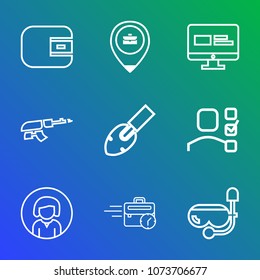 Premium outline set of icons containing army, military, construction, pay, war, gun, equipment, map, machine, shovel. Simple, modern flat vector illustration for mobile app, website or desktop app