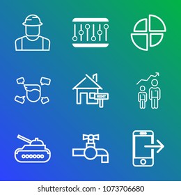 Premium outline set of icons containing estate, personal, music, boy, property, army, sink, gun, graph, technology, tap. Simple, modern flat vector illustration for mobile app, website or desktop app