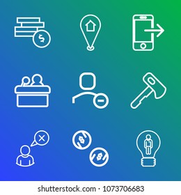 Premium outline set of icons containing event, public, finance, hammer, delete, internet, pictogram, audience, map, web. Simple, modern flat vector illustration for mobile app, website or desktop app