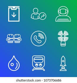 Premium outline set of icons containing glove, rain, report, graph, train, water, business, phone, cosmonaut, liquid. Simple, modern flat vector illustration for mobile app, website or desktop app