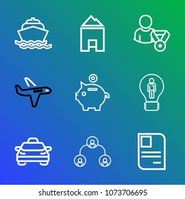 Premium outline set of icons containing card, money, technology, company, profile, yacht, car, vessel, boat, structure. Simple, modern flat vector illustration for mobile app, website or desktop app