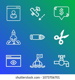 Premium outline set of icons containing business, aircraft, bathroom, air, shuttle, aviation, water, sea, price, person. Simple, modern flat vector illustration for mobile app, website or desktop app