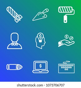Premium outline set of icons containing military, paint, bomb, weapon, cloud, wall, laptop, technology, gun, flame, burn. Simple, modern flat vector illustration for mobile app, website or desktop app