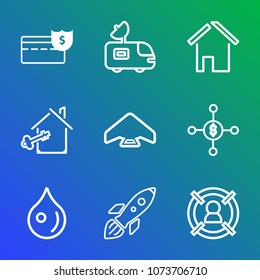 Premium outline set of icons containing space, liquid, coin, jump, investment, water, target, concept, business, extreme. Simple, modern flat vector illustration for mobile app, website or desktop app