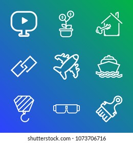 Premium outline set of icons containing link, boat, estate, sign, glasses, yacht, paint, paintbrush, finance, home, sea. Simple, modern flat vector illustration for mobile app, website or desktop app
