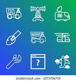 Premium outline set of icons containing tipper, music, radio, business, broadcast, dump, technology, hammer, station, tv. Simple, modern flat vector illustration for mobile app, website or desktop app