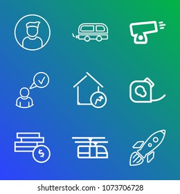 Premium outline set of icons containing bus, transport, cannon, complete, business, property, bank, vehicle, space, male. Simple, modern flat vector illustration for mobile app, website or desktop app