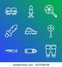 Premium outline set of icons containing ship, optical, training, transport, sea, gun, weapon, travel, science, vision. Simple, modern flat vector illustration for mobile app, website or desktop app