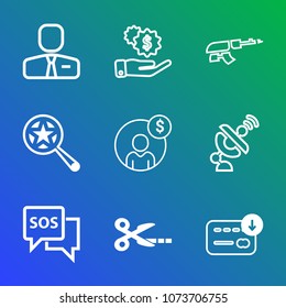 Premium outline set of icons containing war, technology, people, satellite, tool, sos, bag, sack, account, machine, gun. Simple, modern flat vector illustration for mobile app, website or desktop app