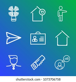 Premium outline set of icons containing winner, hand, gold, pointing, building, saw, travel, house, owner, beacon, white. Simple, modern flat vector illustration for mobile app, website or desktop app