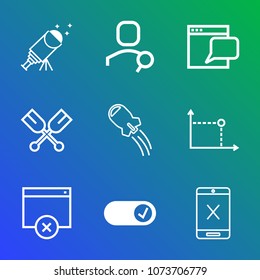 Premium outline set of icons containing watching, account, shuttle, spaceship, rocket, oar, space, , search, astronomy. Simple, modern flat vector illustration for mobile app, website or desktop app