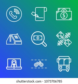 Premium outline set of icons containing note, coin, search, circle, home, ring, business, list, house, transport, button. Simple, modern flat vector illustration for mobile app, website or desktop app