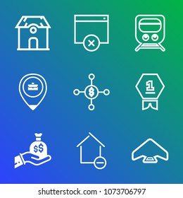 Premium outline set of icons containing parachuting, train, job, modern, money, investment, station, business, internet. Simple, modern flat vector illustration for mobile app, website or desktop app