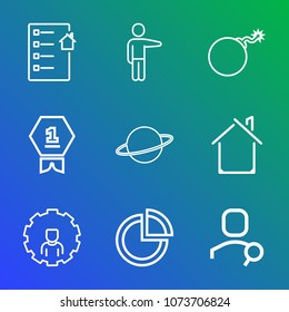 Premium outline set of icons containing architecture, attack, nuclear, online, house, hand, real, weapon, winner, place. Simple, modern flat vector illustration for mobile app, website or desktop app