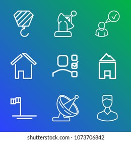 Premium outline set of icons containing complete, business, estate, real, antenna, personal, space, construction, system. Simple, modern flat vector illustration for mobile app, website or desktop app