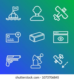 Premium outline set of icons containing travel, gun, web, firearm, rescue, plane, communication, weapon, air, pistol. Simple, modern flat vector illustration for mobile app, website or desktop app