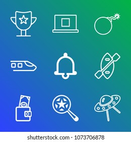 Premium outline set of icons containing bell, ufo, notification, award, money, web, weapon, victory, internet, trophy. Simple, modern flat vector illustration for mobile app, website or desktop app