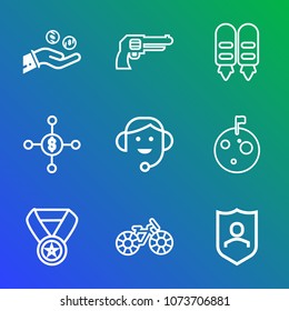 Premium outline set of icons containing cash, moon, headset, award, protect, pistol, shield, office, weapon, protection. Simple, modern flat vector illustration for mobile app, website or desktop app