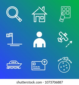 Premium outline set of icons containing web, currency, travel, space, airplane, mobile, house, find, yacht, internet. Simple, modern flat vector illustration for mobile app, website or desktop app