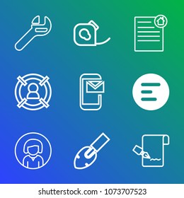 Premium outline set of icons containing app, pen, equipment, marketing, young, estate, spanner, tape, friction, list. Simple, modern flat vector illustration for mobile app, website or desktop app