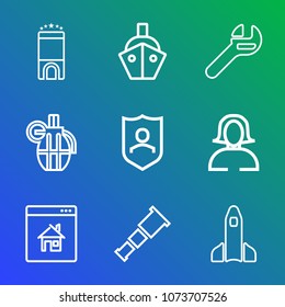Premium outline set of icons containing protect, business, girl, space, weapon, shield, repair, vessel, travel, online. Simple, modern flat vector illustration for mobile app, website or desktop app