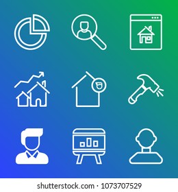 Premium outline set of icons containing web, internet, screwdriver, profile, tool, equipment, graphic, hammer, chart. Simple, modern flat vector illustration for mobile app, website or desktop app