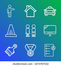 Premium outline set of icons containing communication, pc, prize, paintbrush, hand, step, transportation, up, finger. Simple, modern flat vector illustration for mobile app, website or desktop app