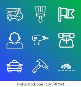 Premium outline set of icons containing cycle, national, taxi, paintbrush, bicycle, tipper, service, brush, nation, call. Simple, modern flat vector illustration for mobile app, website or desktop app