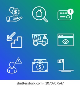 Premium outline set of icons containing downstairs, cash, alarm, currency, down, dumper, white, coin, financial, baja. Simple, modern flat vector illustration for mobile app, website or desktop app