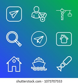 Premium outline set of icons containing water, building, find, online, search, social, magnifying, boat, drill, phone. Simple, modern flat vector illustration for mobile app, website or desktop app