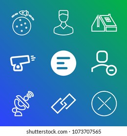 Premium outline set of icons containing science, war, head, rocket, weapon, button, roof, spaceship, military, space. Simple, modern flat vector illustration for mobile app, website or desktop app