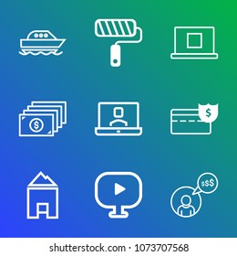 Premium outline set of icons containing profile, people, internet, young, cruise, coin, video, blue, freelancer, boat. Simple, modern flat vector illustration for mobile app, website or desktop app