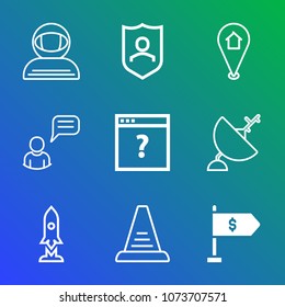 Premium outline set of icons containing navigation, spacesuit, map, protect, chat, unknown, dish, message, spaceship, up. Simple, modern flat vector illustration for mobile app, website or desktop app