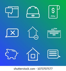 Premium outline set of icons containing head, dialog, investment, talk, work, technology, apartment, hat, closed, bubble. Simple, modern flat vector illustration for mobile app, website or desktop app