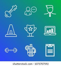 Premium outline set of icons containing win, ladder, gym, prize, exercise, fitness, competition, sign, shipping, delete. Simple, modern flat vector illustration for mobile app, website or desktop app