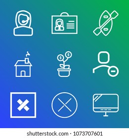 Premium outline set of icons containing laptop, money, office, internet, account, center, headset, sport, call, person. Simple, modern flat vector illustration for mobile app, website or desktop app