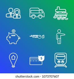 Premium outline set of icons containing nautical, transportation, coin, team, traffic, railway, company, marine, hobby. Simple, modern flat vector illustration for mobile app, website or desktop app