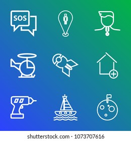 Premium outline set of icons containing gold, sign, water, pin, call, astronaut, moon, transportation, location, space. Simple, modern flat vector illustration for mobile app, website or desktop app